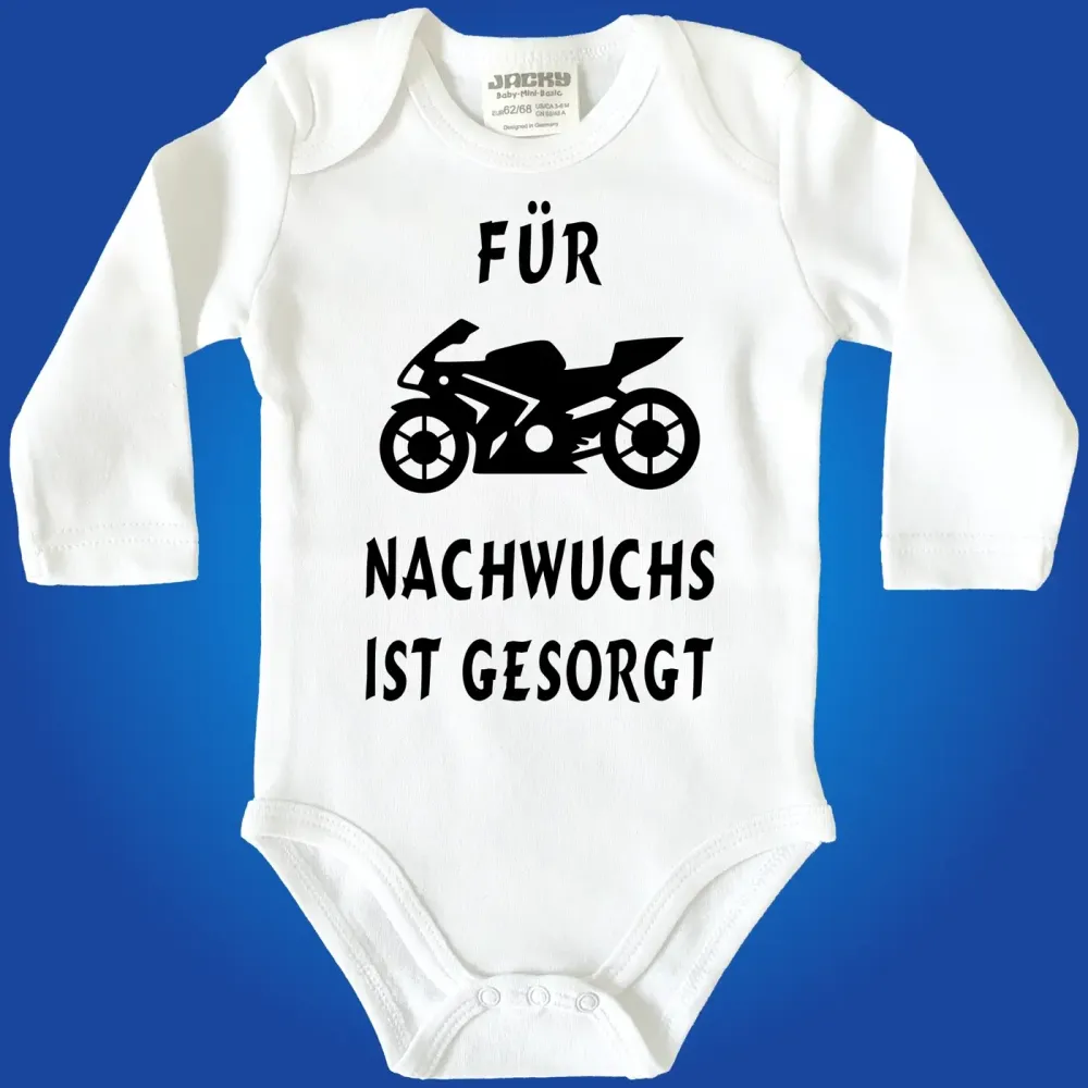 Preview: Baby‑Body mit Motorrad und Spruch „Für Nachwuchs ist gesorgt“