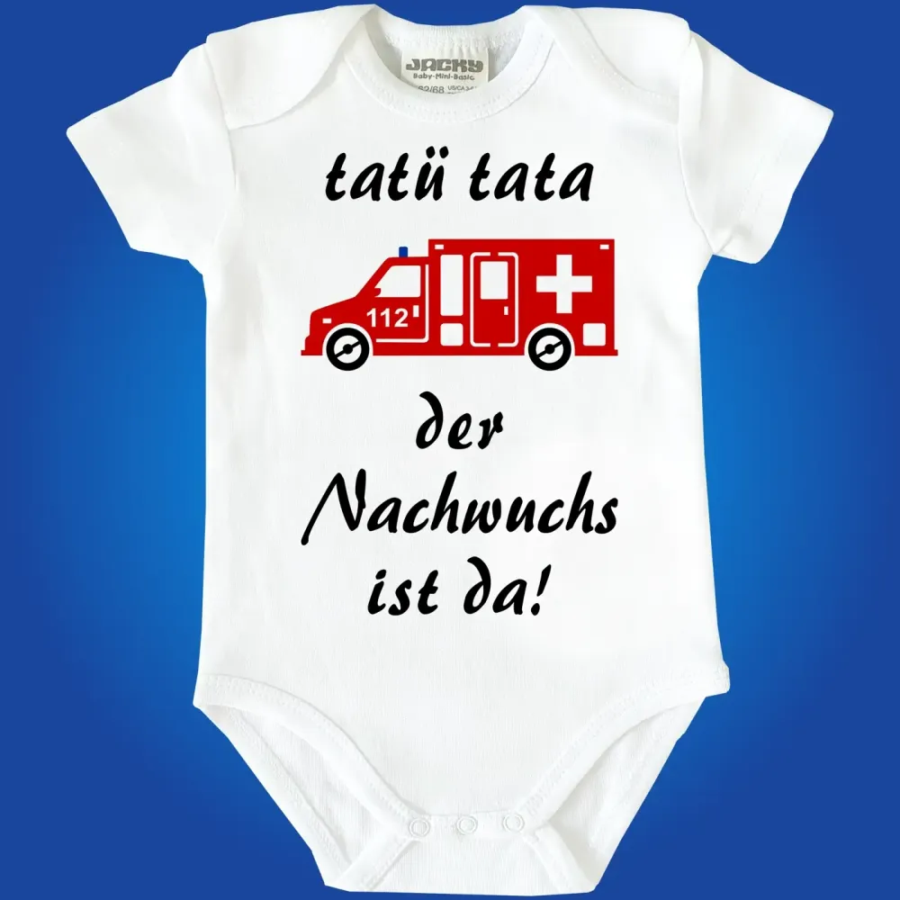 Preview: Baby‑Body mit Rettungswagen und Spruch „Tatü Tata – der Nachwuchs ist da“
