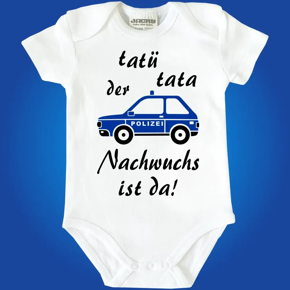 Preview: Baby‑Body mit Polizeiauto und Text „Tatü Tata – der Nachwuchs ist da“
