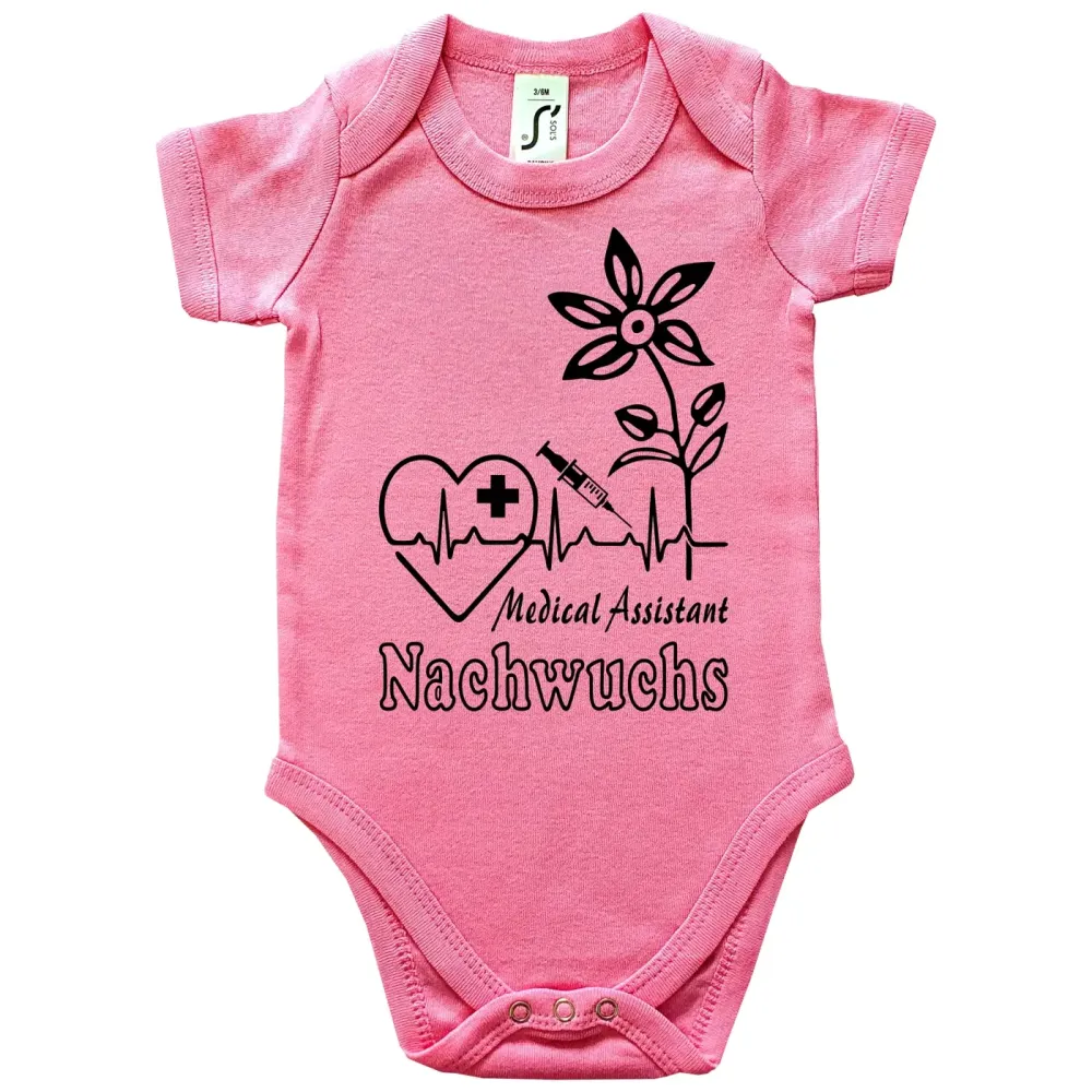Baby-Body mit lustigem Pflegefachmann‑Motiv und medizinischen Symbolen