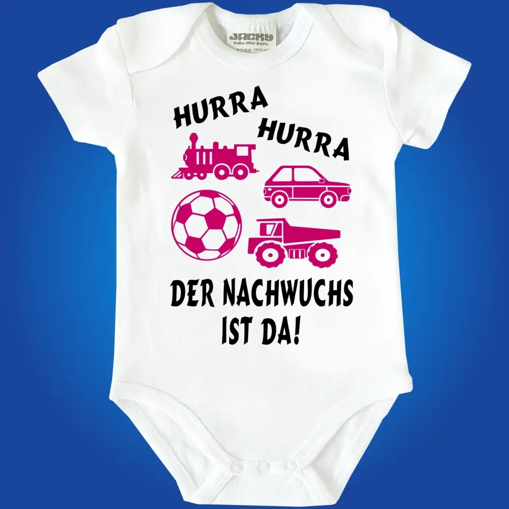 Baby-Body mit Kindergarten‑Motiv und vier kleinen Spielzeugen