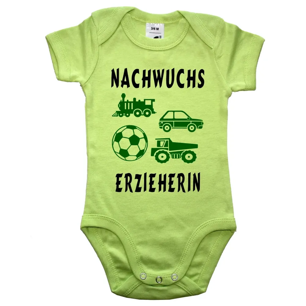 Baby-Body für Kita‑Team mit Lokomotive, Auto, Ball und Kipper