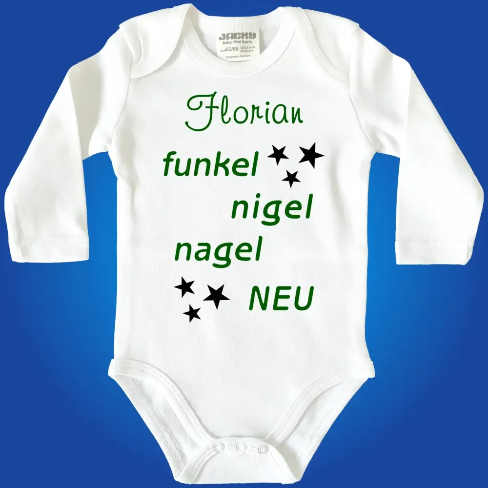 Baby‑Body mit modernem „Funkel‑Nigelnagelneu“ Aufdruck