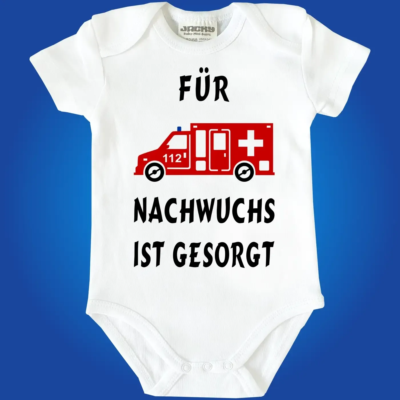 Baby‑Body mit Rettungswagen und Spruch „Für Nachwuchs ist gesorgt“