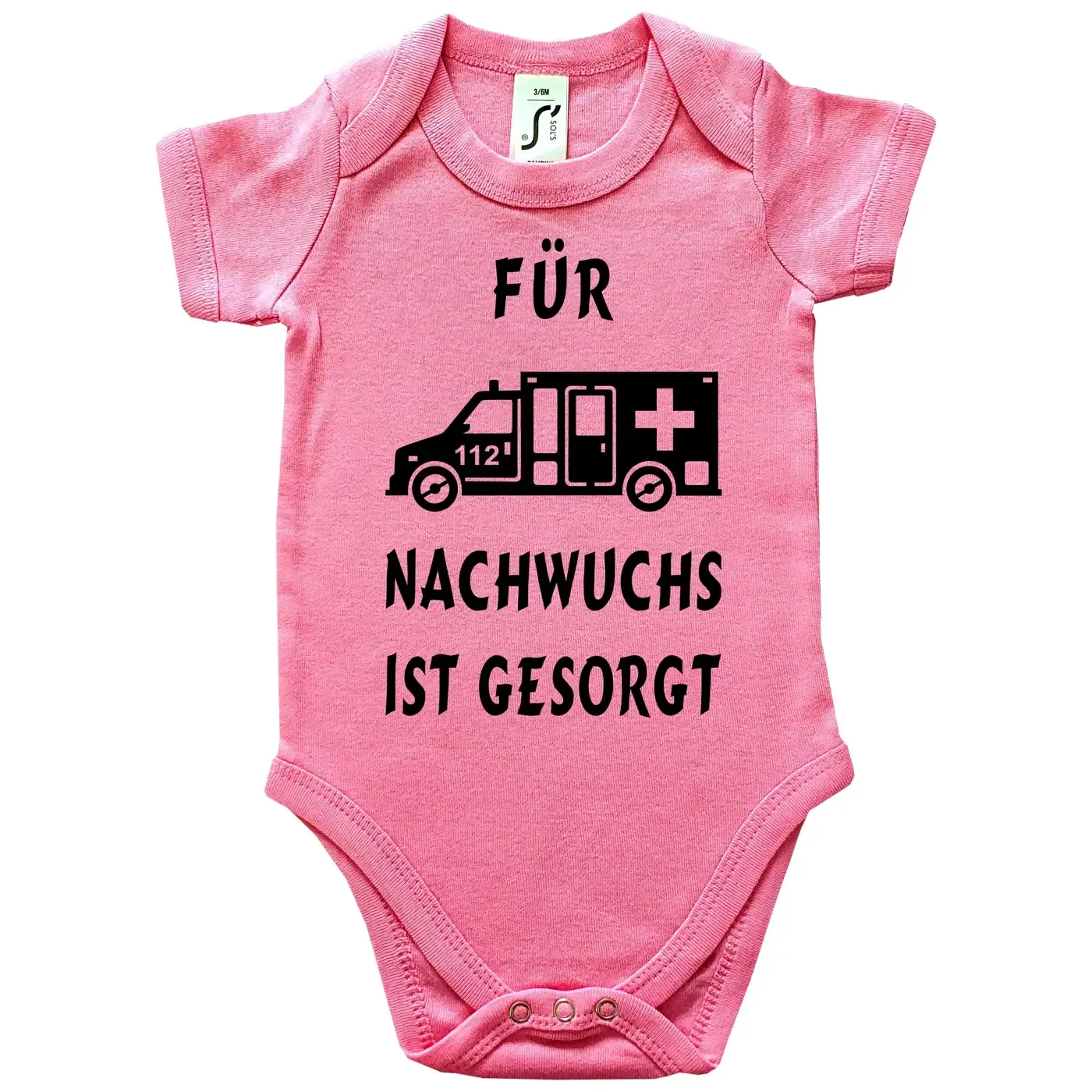 Lustiger Babybody mit Notarzt‑Motiv für frischgebackene Eltern
