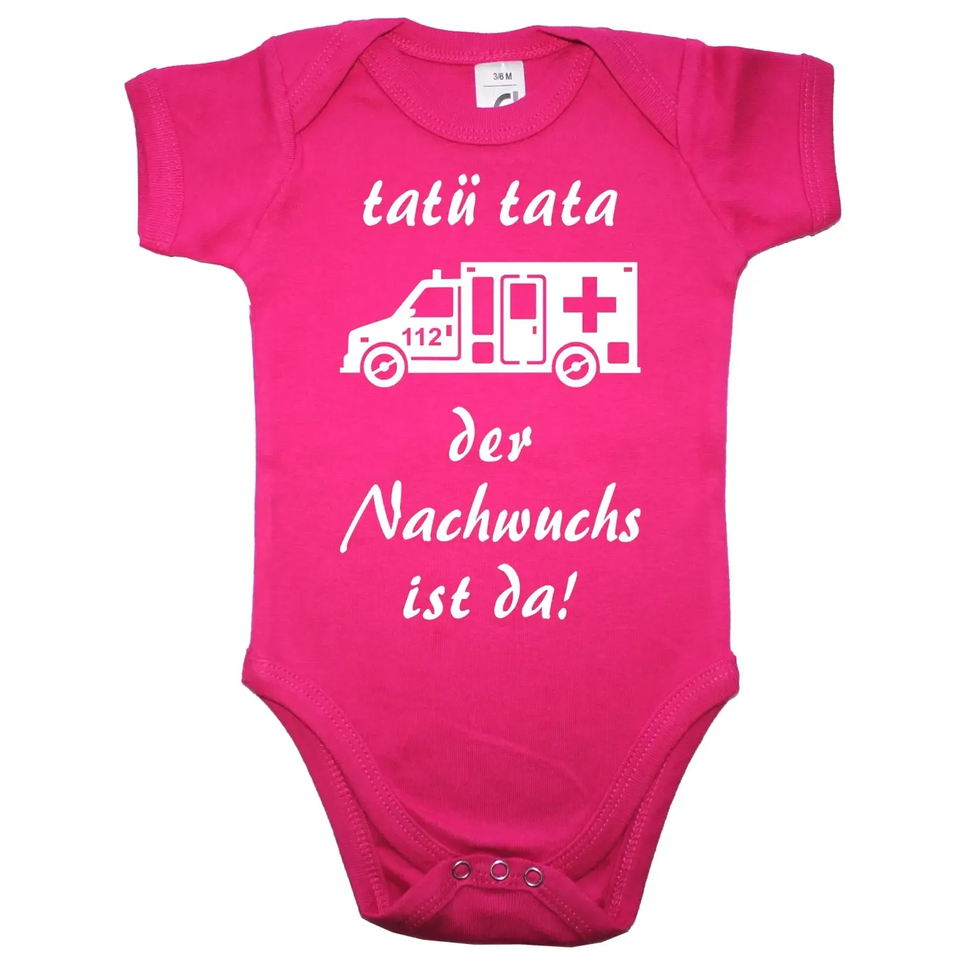 Baby‑Body mit Rettungswagen und Spruch „Tatü Tata – der Nachwuchs ist da“