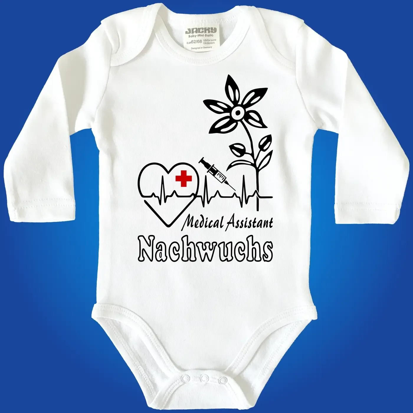 Baby-Body für Nachwuchs von Pflegefachkräften mit Herz‑ und Spritze‑Grafik