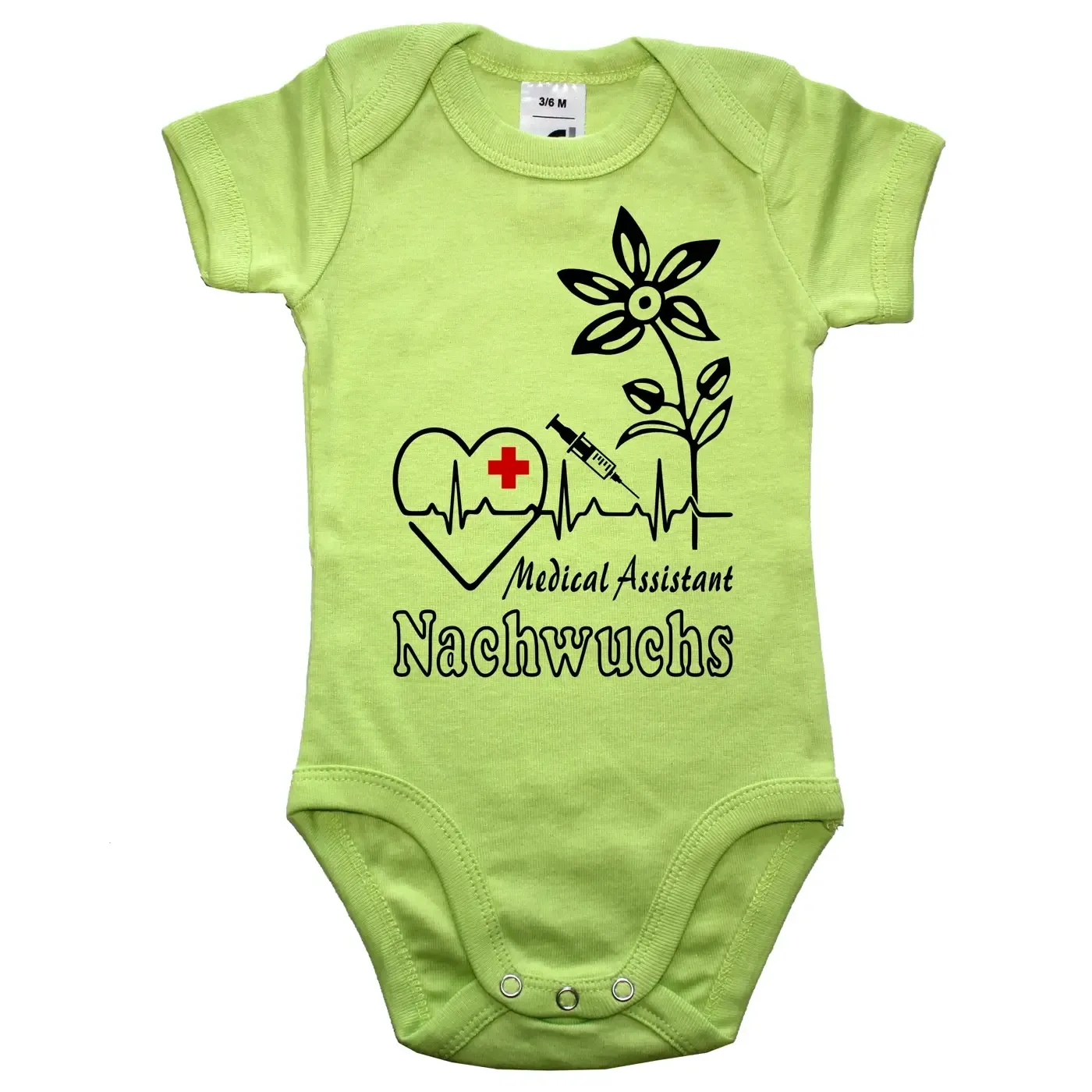 Baby-Body für Nachwuchs von Pflegefachkräften mit Herz‑ und Spritze‑Grafik