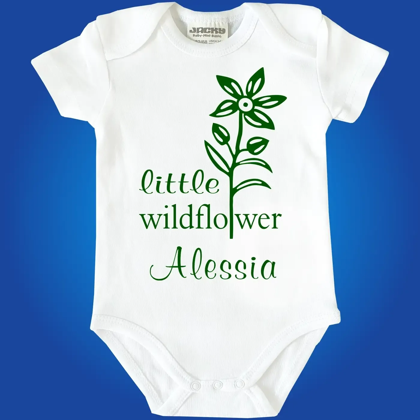 Personalisierter Baby‑Body mit Blumenmotiv und Name