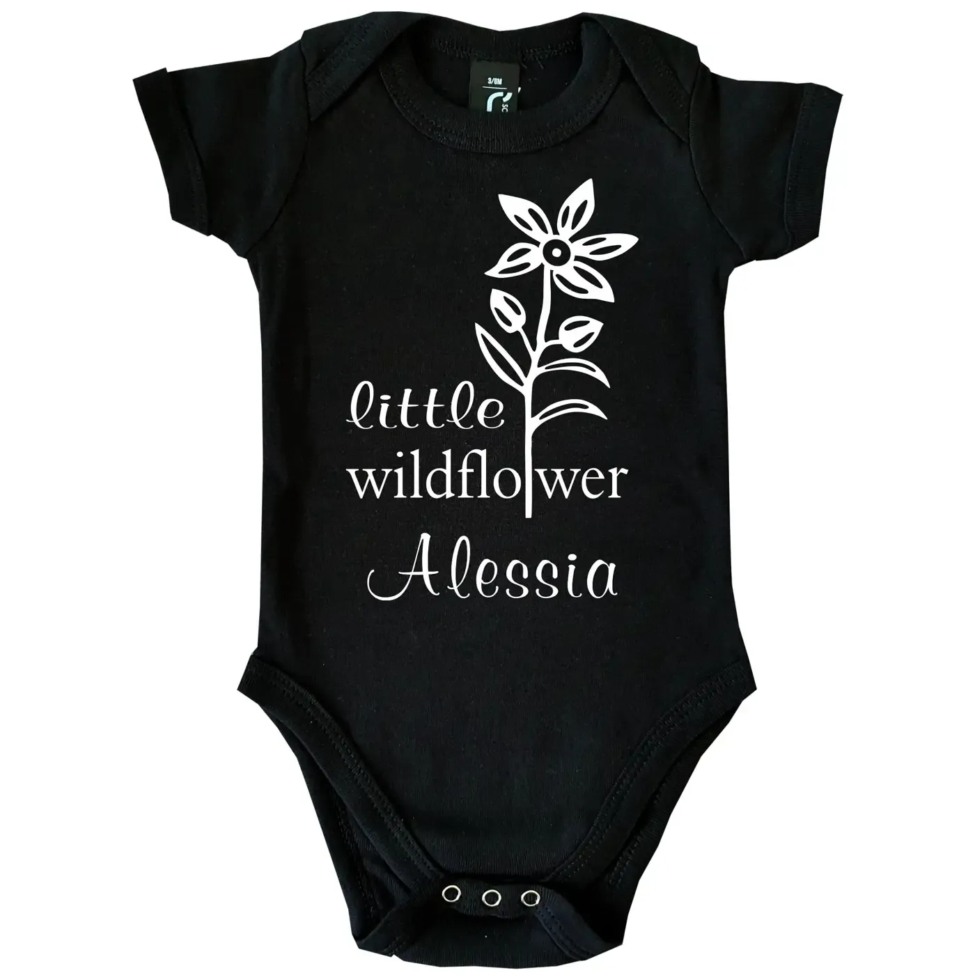 Personalisierter Baby‑Body mit Blumenmotiv und Name